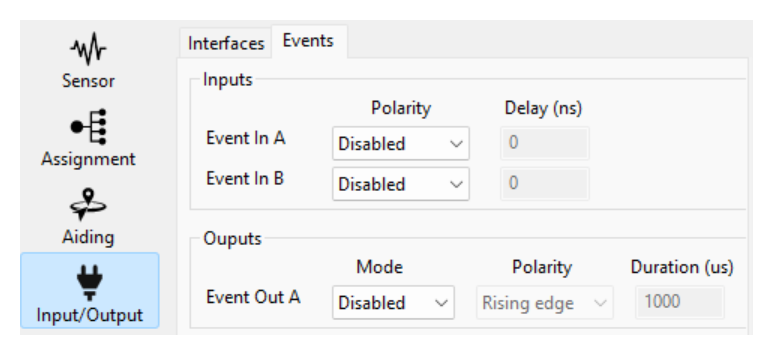sbgCenter Configuration - InputOutput - Events