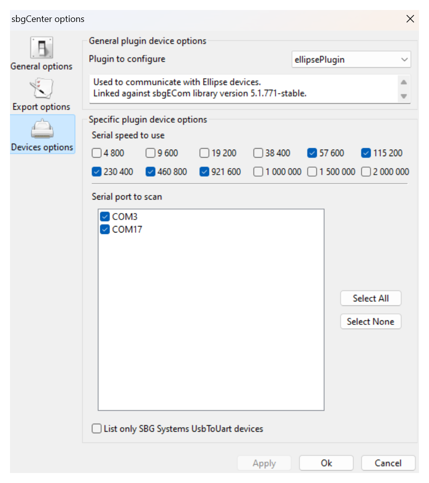 sbgCenter options - devices