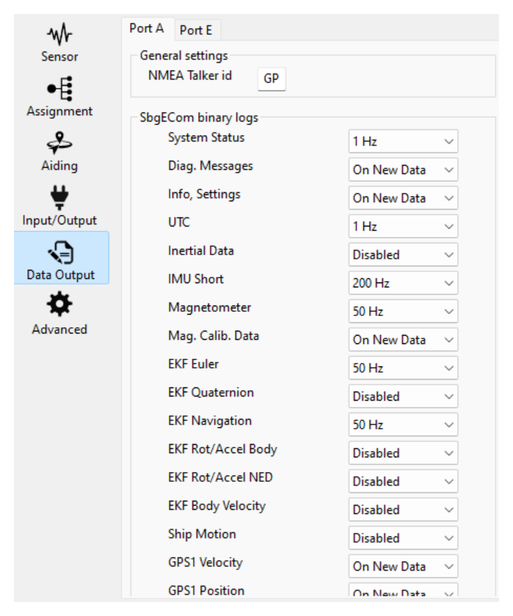 sbgCenter Configuration - Data Output