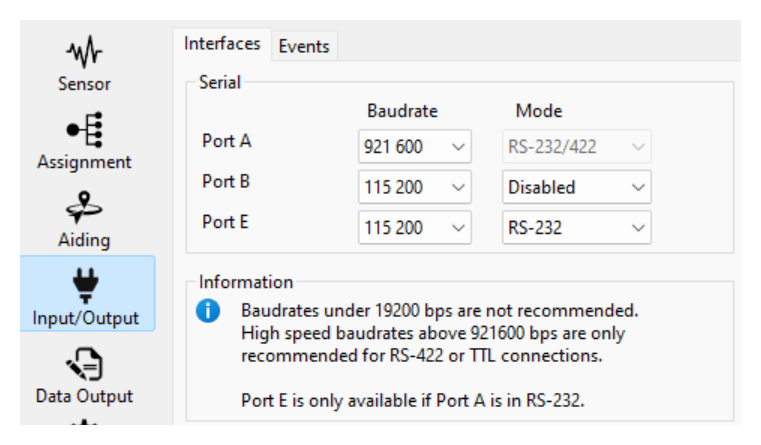 sbgCenter Configuration - InputOutput - Interfaces