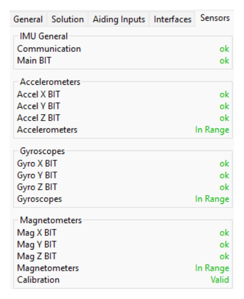 sbgCenter Display - Status - Sensors