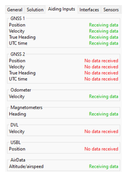 sbgCenter Display - Status - Aiding Input