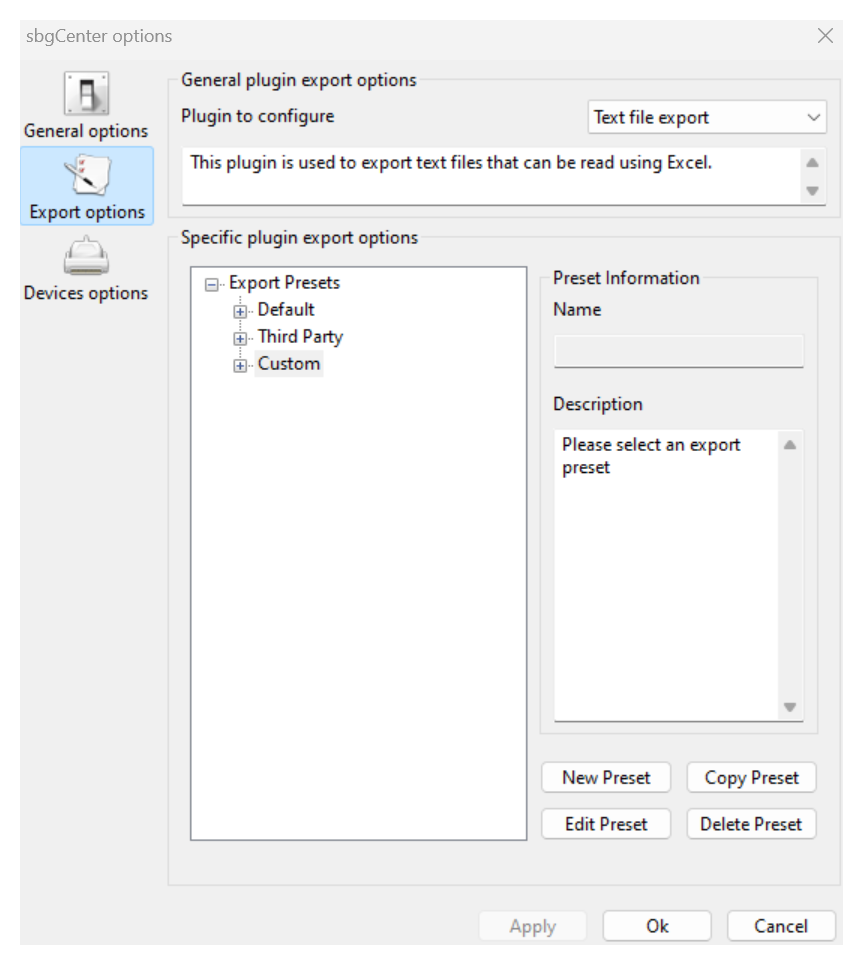 sbgCenter options - export