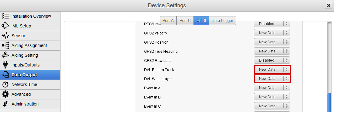 DVL data output modified